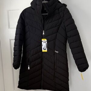 DKNY Black Quilted Hooded Coat